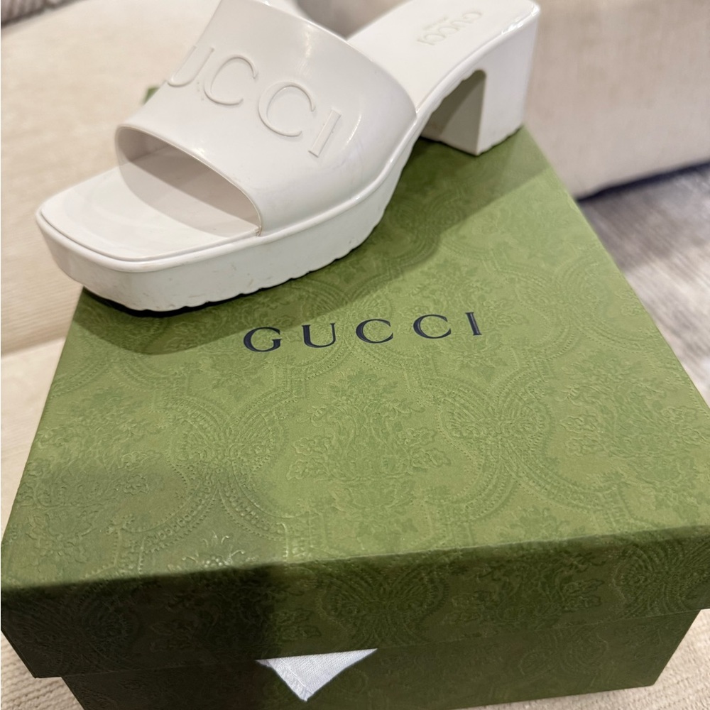 Gucci White Mules with Chunky Platform Heel